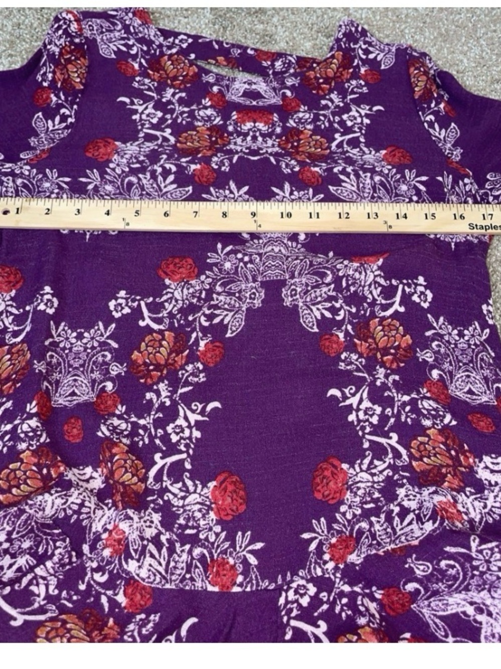 Free People Purple Floral Blouse with Red-Orange Flowers Smooth Talker peplum MD - Picture 7 of 10